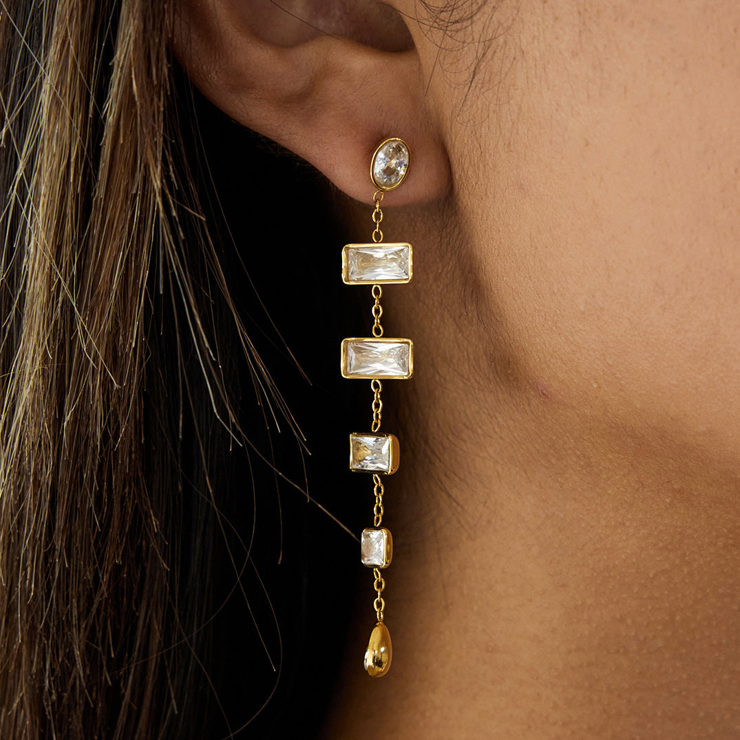 Gold Plated Multi-Shaped Clear Gem Long Drop Earrings - Rectangle/Drop Statement Jewelry for Women