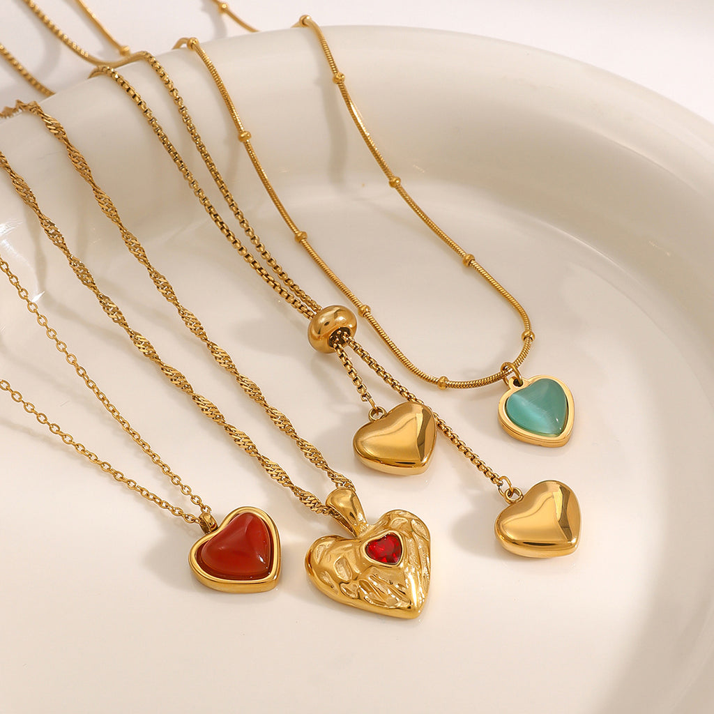 18K Gold-Plated Heart Pendant Layered Necklaces Set | Agate, Turquoise & White Mother-of-Pearl Accent Jewelry | Trendy INS-Style Dainty & Chunky Heart Necklaces for Women | Versatile Daily Wear & Party Layered Jewelry Collection
