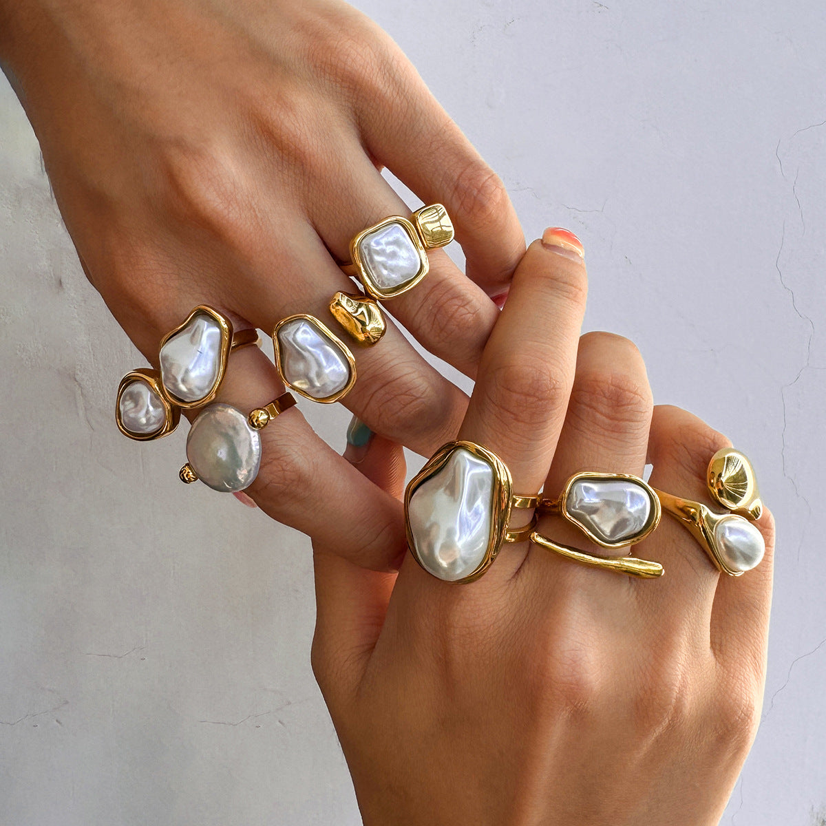 Gold Baroque Pearl Multi-Style Stackable Ring Set - Irregular Pearl (Open/Closed Band) Statement Jewelry for Women