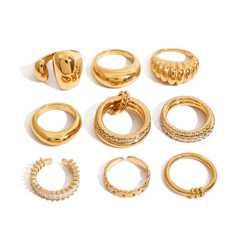Chunky Gold Ring Set - Stackable Statement Rings with Textured & Crystal-Embellished Designs for Women