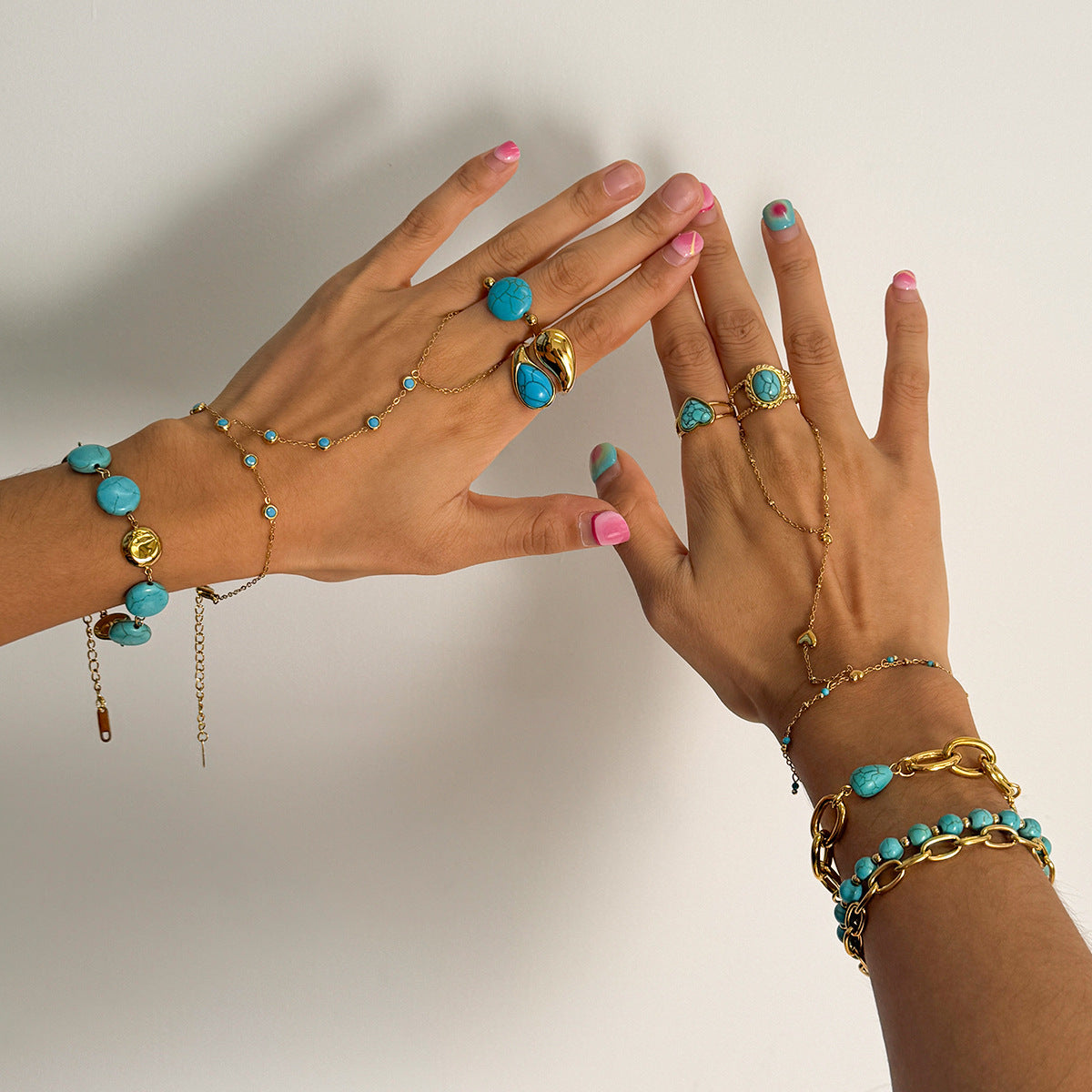 Turquoise & Gold Layered Boho Jewelry Set - Multi-Strand Bracelets (Chain/Beaded) & Statement Rings | Summer Casual Accessories for Women