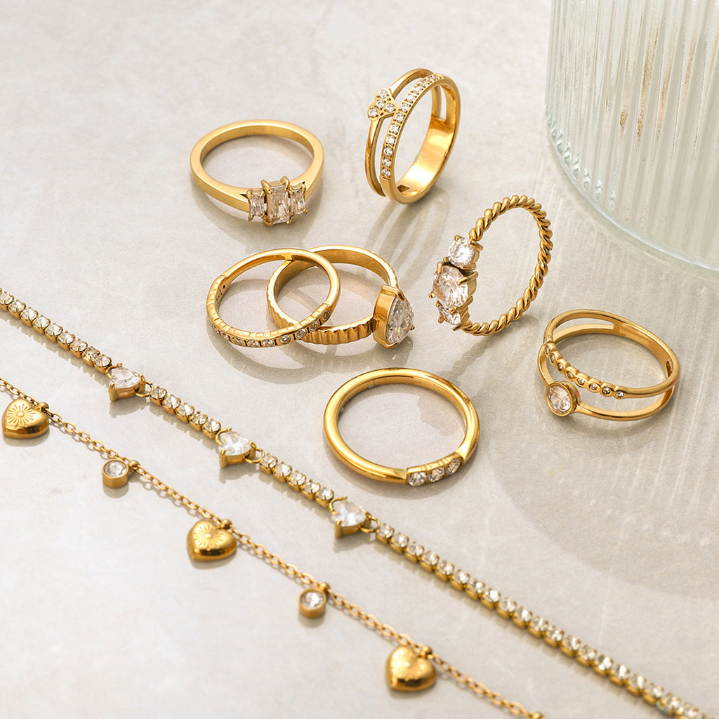 Gold CZ Ring Set - Multi-Style Sparkly Stackable Rings for Women