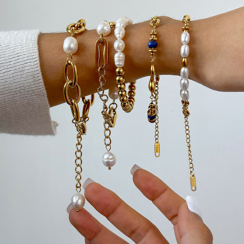 Baroque Pearl & Gold-Plated Stackable Bracelet Set | Lapis Lazuli Accent Chain Bracelets | Vintage Elegant INS-Style Jewelry for Women | Assorted Chunky & Dainty Designs for Daily Wear & Party Stacking