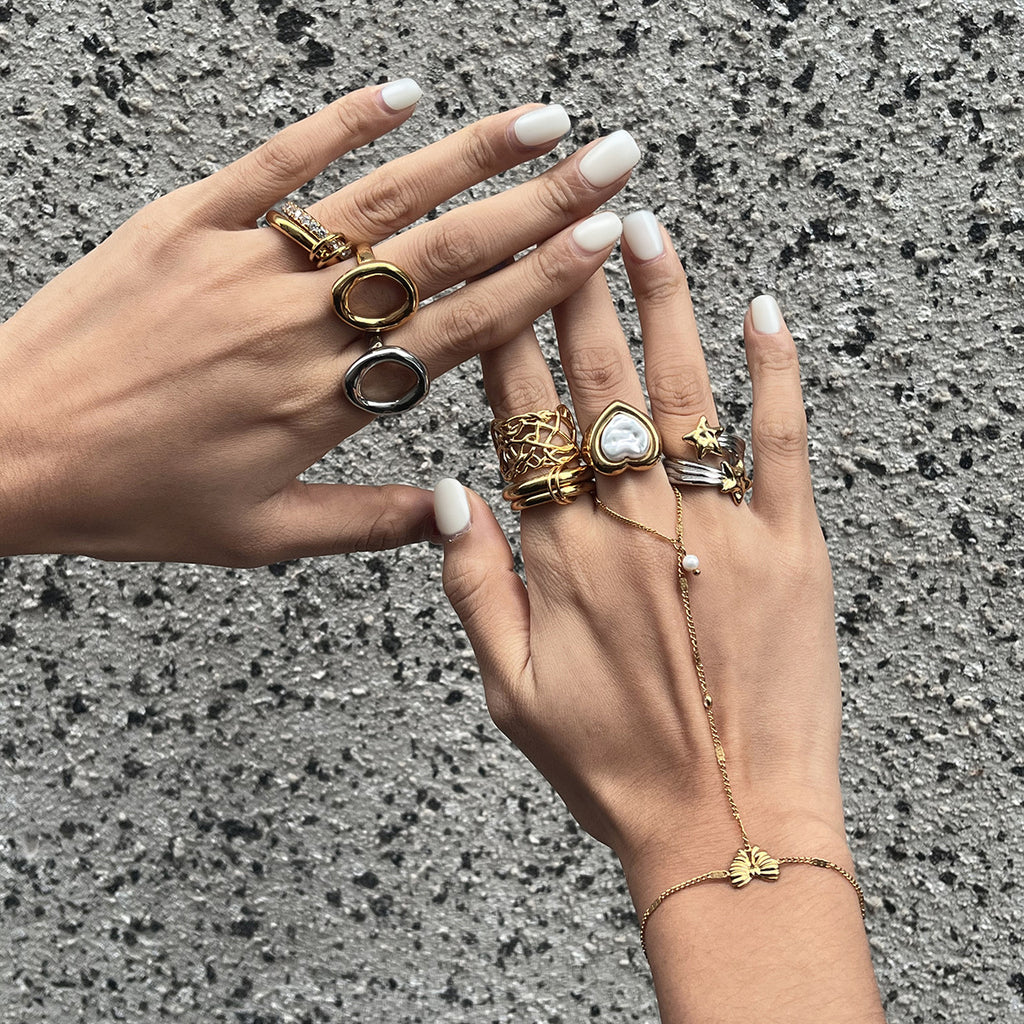 Gold Silver Stackable Ring & Bracelet Set - Vintage Multi-Style Statement Jewelry with Pearl & Geometric Designs for Women