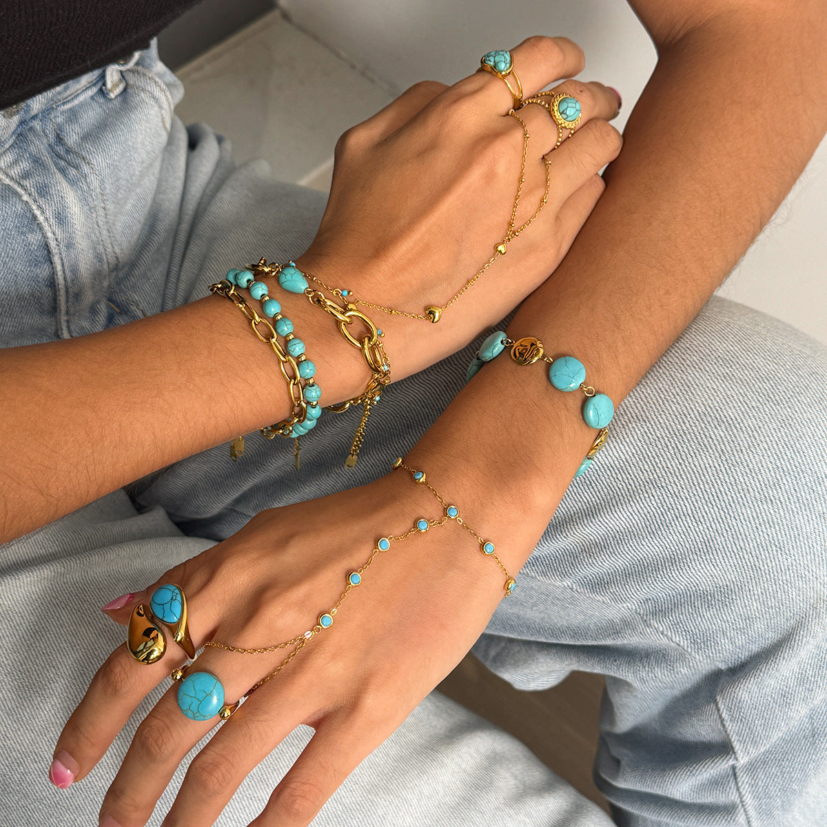Turquoise & Gold Layered Boho Jewelry Set - Multi-Strand Bracelets (Chain/Beaded) & Statement Rings | Summer Casual Accessories for Women