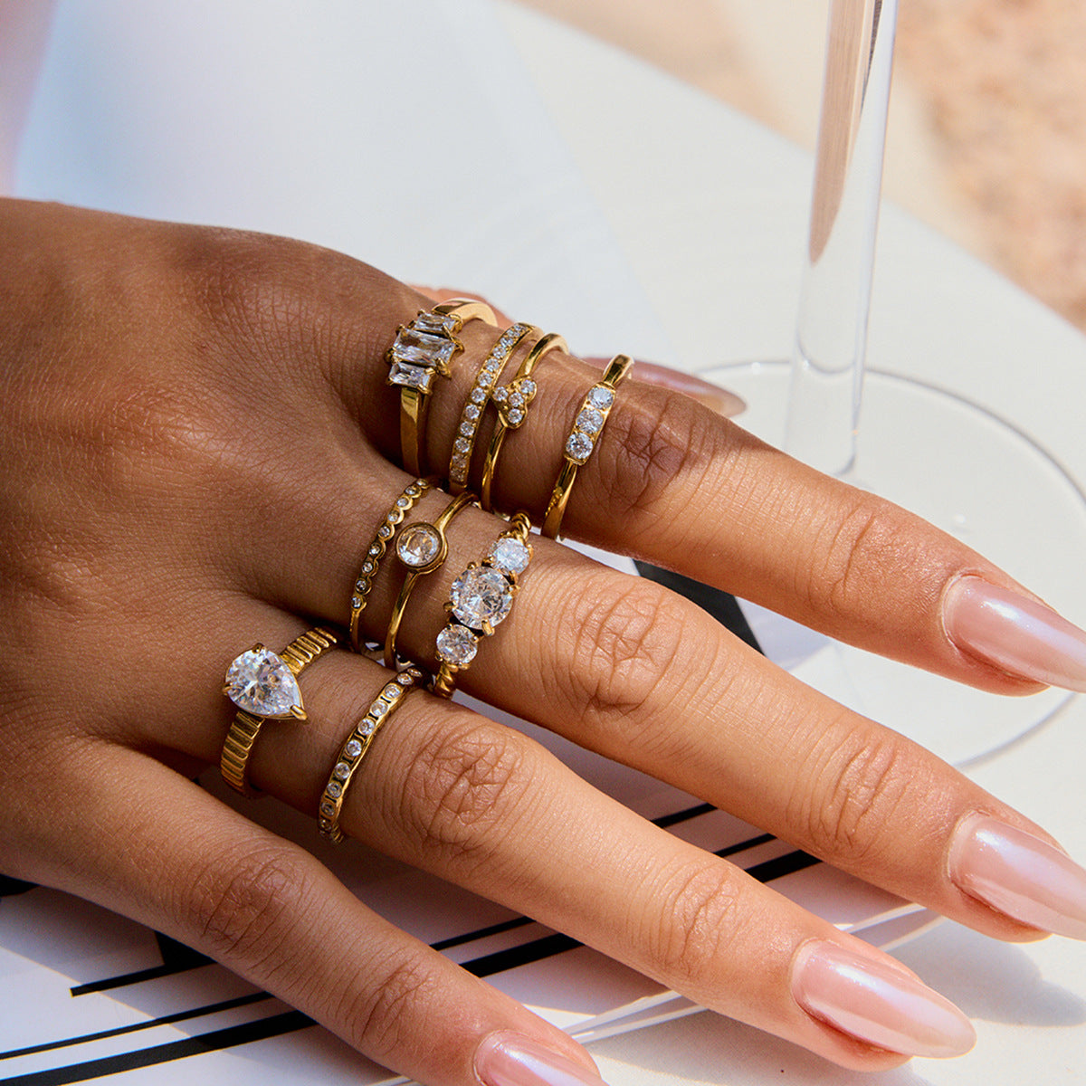 Gold CZ Ring Set - Multi-Style Sparkly Stackable Rings for Women