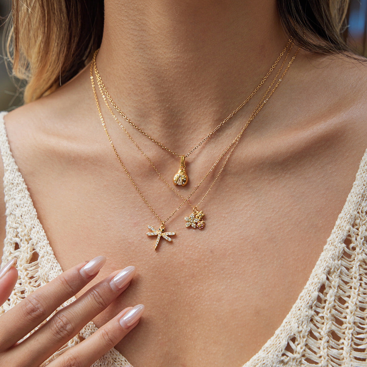 Gold Layered Insect Pendant Necklace Set - CZ Ladybug Dragonfly Statement Jewelry for Women