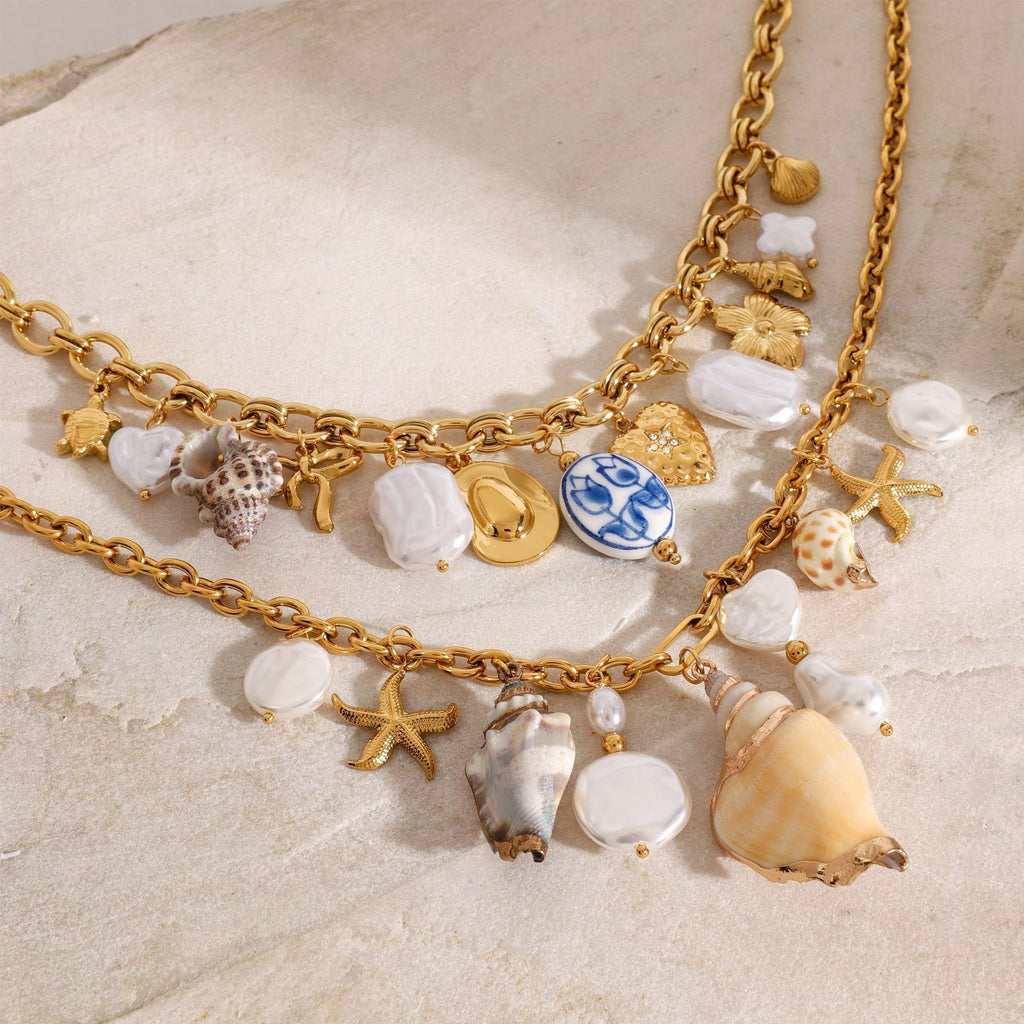 Gold Layered Ocean Theme Necklace Set - Shell/Starfish/Conch/Pearl Charms | Beach Nautical Statement Jewelry for Women