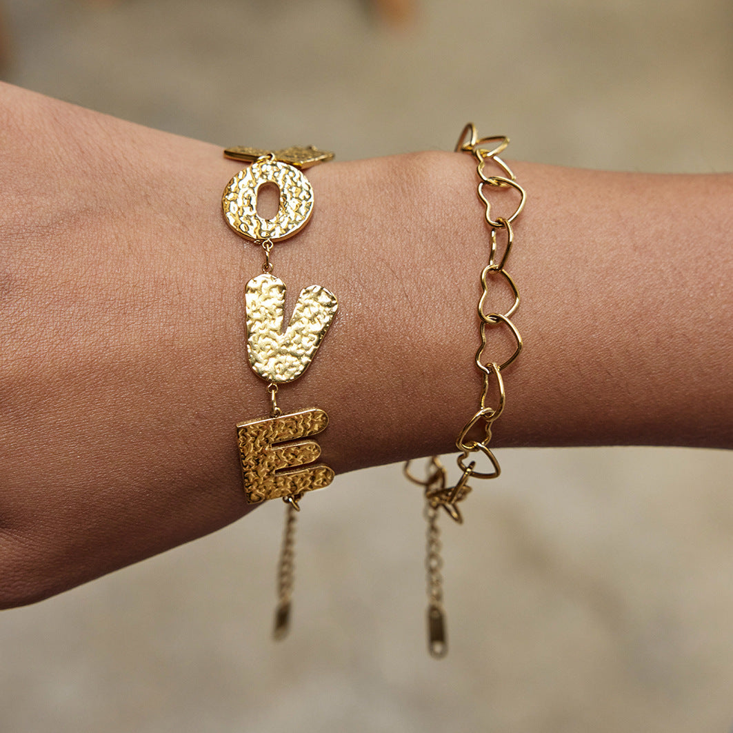 Gold Hammered LOVE Letter Necklace Set - Vintage-Inspired Dainty Chain Jewelry for Women