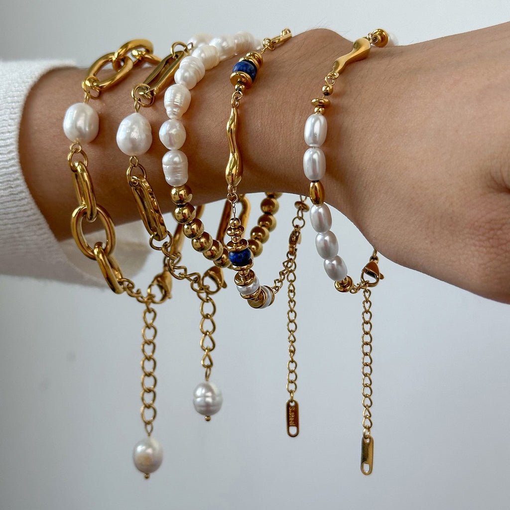 Baroque Pearl & Gold-Plated Stackable Bracelet Set | Lapis Lazuli Accent Chain Bracelets | Vintage Elegant INS-Style Jewelry for Women | Assorted Chunky & Dainty Designs for Daily Wear & Party Stacking