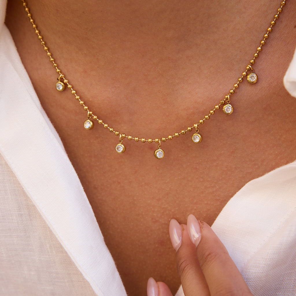 Gold Layered Beaded Chain Necklace Set - CZ Teardrop & Round Pendant Statement Jewelry for Women