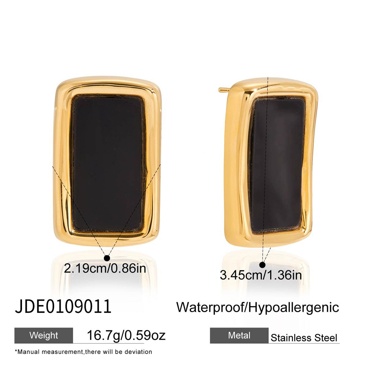 Gold Plated Square Statement Earrings - Vintage Black Enamel & Crystal Geometric Jewelry for Women