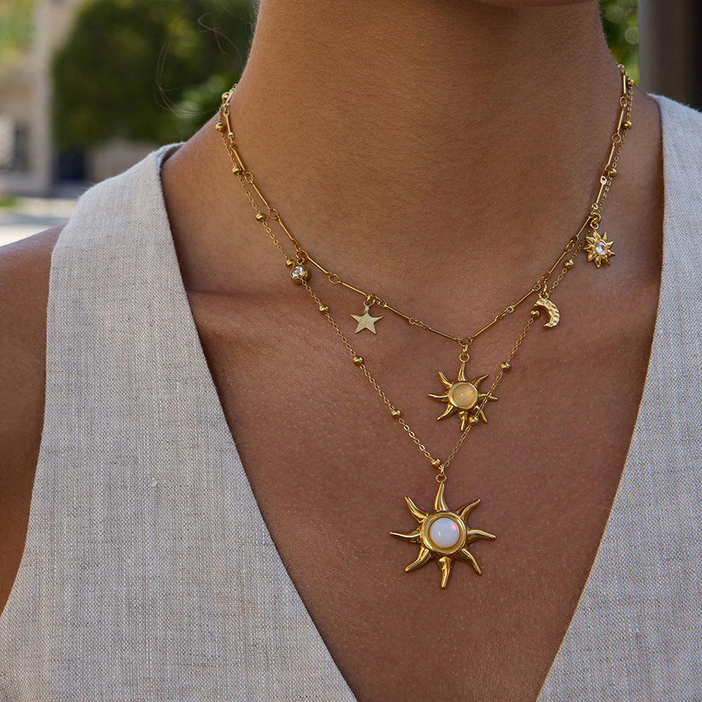 Gold Layered Celestial Necklace Set - Opal Sun/Star/Moon Charms Statement Jewelry for Women