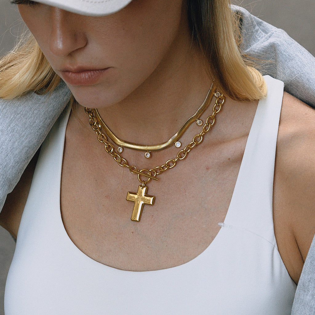 Gold Multi-Style Necklace Set - Pearl/Cross/Heart/Star Pendants (Snake/Curb Chain) Statement Jewelry for Women