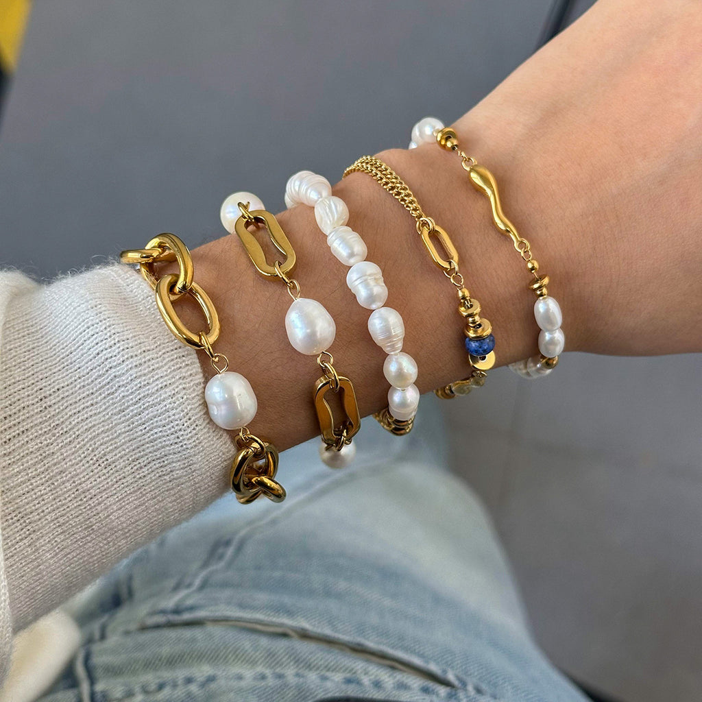 Baroque Pearl & Gold-Plated Stackable Bracelet Set | Lapis Lazuli Accent Chain Bracelets | Vintage Elegant INS-Style Jewelry for Women | Assorted Chunky & Dainty Designs for Daily Wear & Party Stacking
