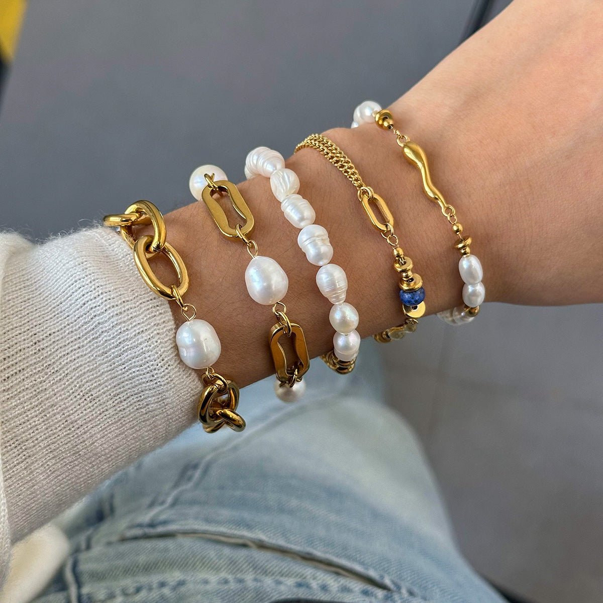 Baroque Pearl & Gold-Plated Stackable Bracelet Set | Lapis Lazuli Accent Chain Bracelets | Vintage Elegant INS-Style Jewelry for Women | Assorted Chunky & Dainty Designs for Daily Wear & Party Stacking