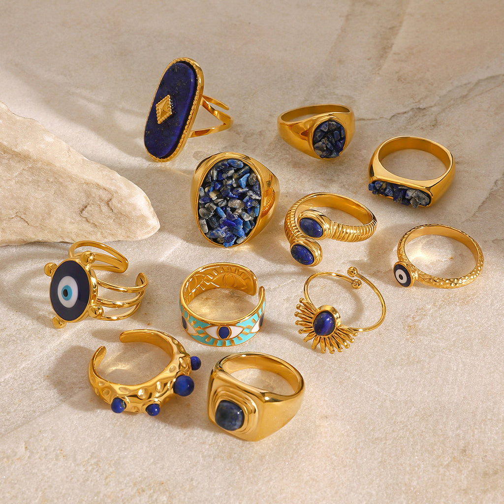 Lapis Lazuli Evil Eye Gold Ring Set - Multi-Style Boho Protective Statement Rings for Women