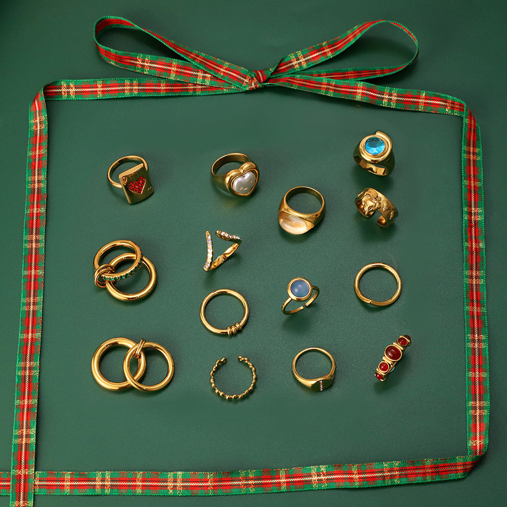 Artistic Gold Ring Set - Multi-Style Vintage Statement Rings with Gemstones & Poker Design for Women