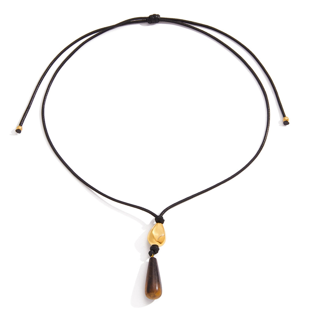 Tiger Eye Teardrop Leather Cord Necklace - Vintage Boho Statement Jewelry for Women