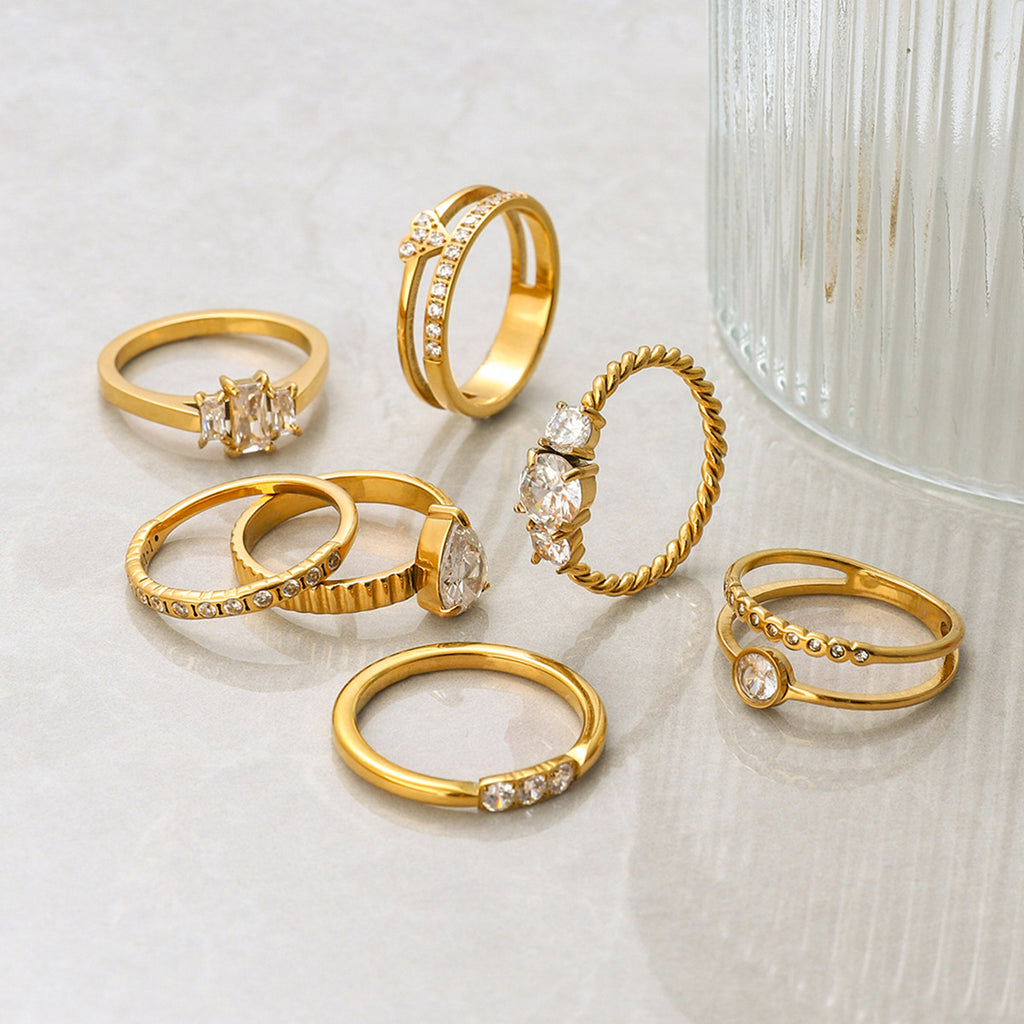Gold CZ Ring Set - Multi-Style Sparkly Stackable Rings for Women