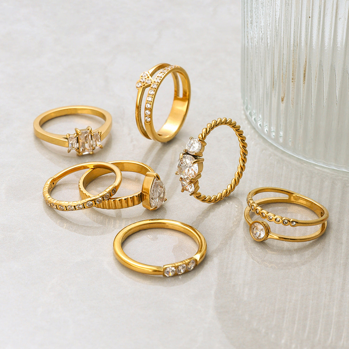 Gold CZ Ring Set - Multi-Style Sparkly Stackable Rings for Women