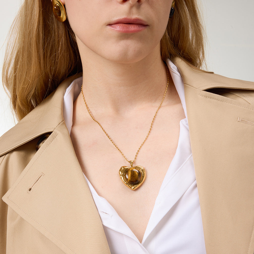 Gold Animal Print Heart Pendant Necklace Set - Marble Tiger Eye Statement Jewelry for Women